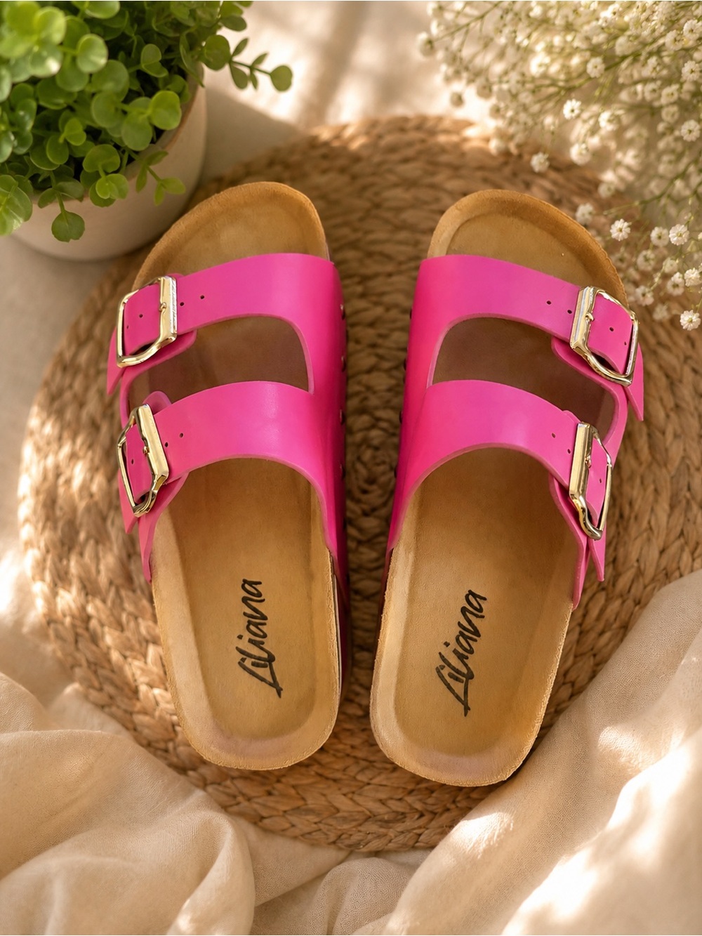 Liliana Hot Pink Double-Buckle Slide Sandals with Gold Buckles